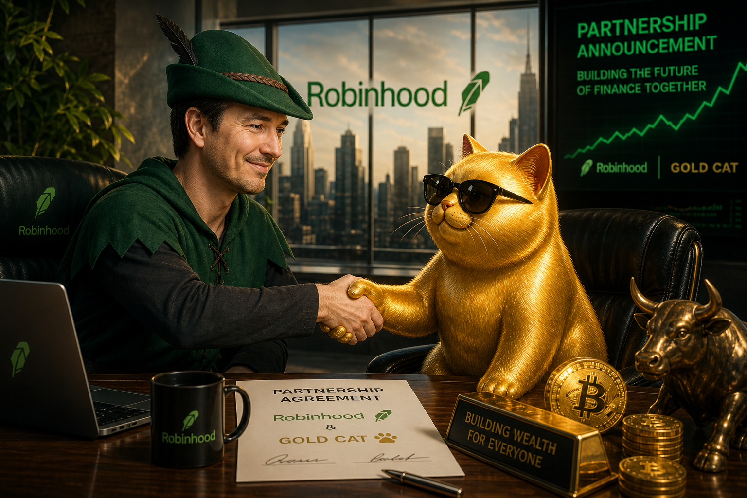 Gold Cat and Robinhood partnership announcement handshake